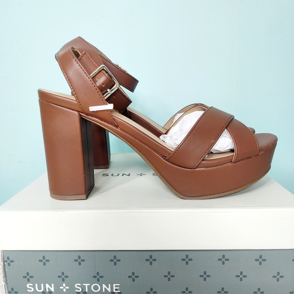 Sun + Stone Shoes - Sun + Stone Tan Brown Leather Platform Heel Sandals
